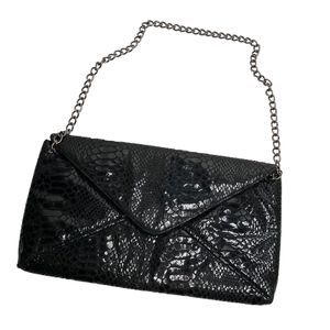 Jessica McClintock Womens Clutch Purse Black Faux Leather Snake Skin Chain